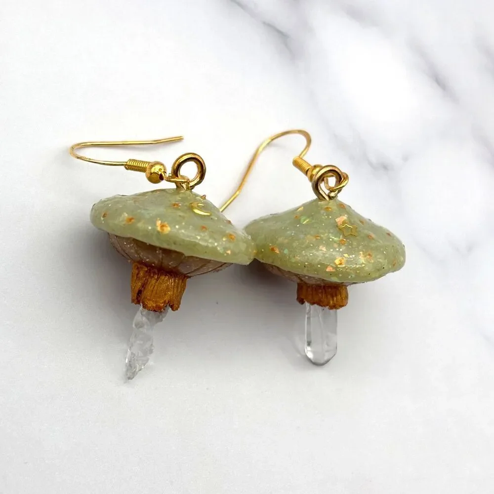 Green Mushroom Quartz Crystal Earrings | Polymer Clay Dangle with Moon and Star